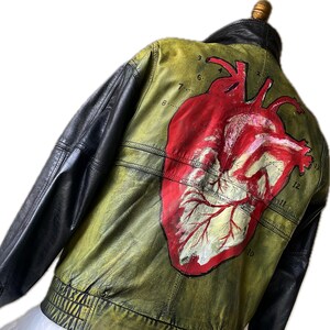 Leather Bomber Jacket / Hand Painted Anatomical Heart / 40