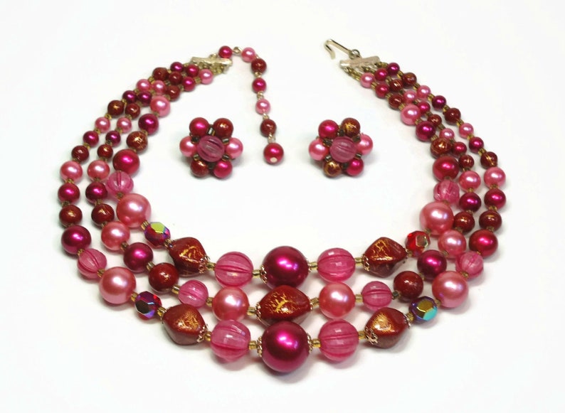 Vintage Japan 3 Strand Bib Necklace /& Earring in Purple Costume Jewelry Demi Parure Set Pink and Merlot Red Bead Accents