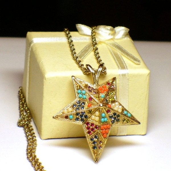 Mosaic Star Pendant Necklace w Rhinestones by D'Orland