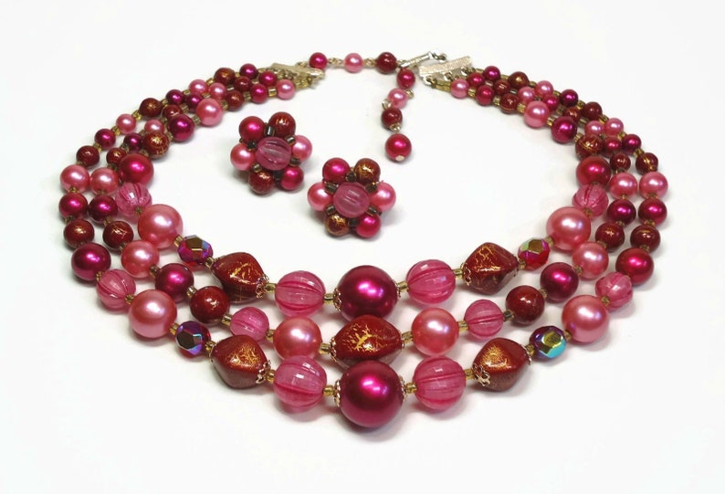 Vintage Japan 3 Strand Bib Necklace /& Earring in Purple Costume Jewelry Demi Parure Set Pink and Merlot Red Bead Accents