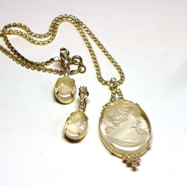 Rhinestone Cameo Necklace and Earring Set