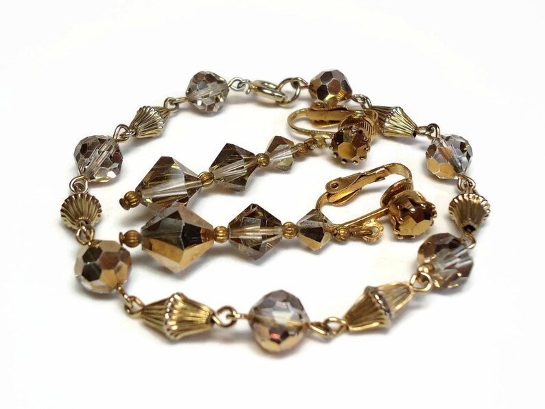 TheVintageBlingBox Vintage Bracelet /& Earring Set in AB Crystal Glass Beads on Gold Chain Link Costume Jewelry