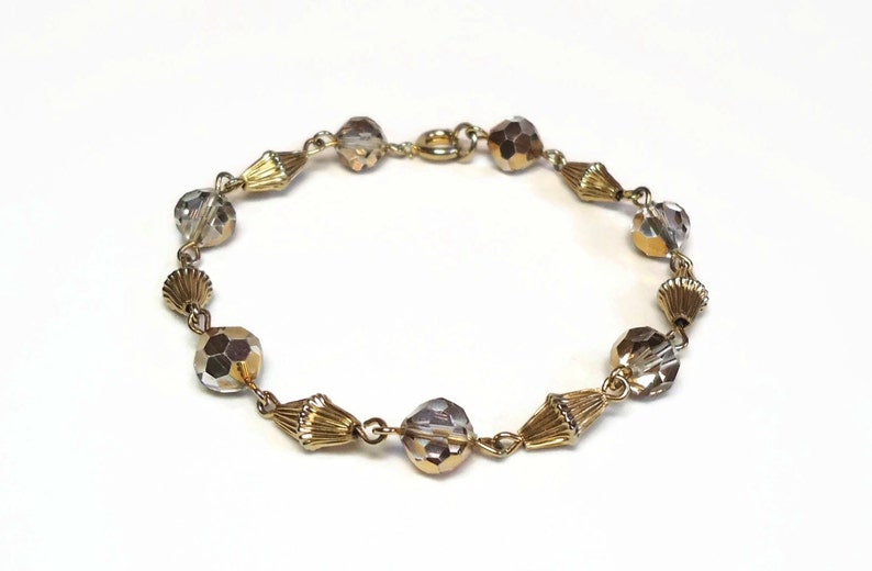 TheVintageBlingBox Vintage Bracelet /& Earring Set in AB Crystal Glass Beads on Gold Chain Link Costume Jewelry