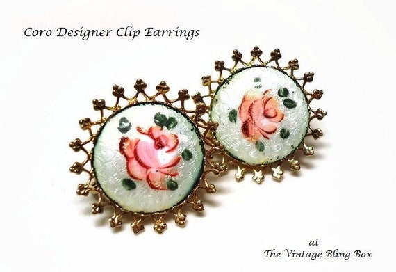 Disfraz De Moda pendientes clip en Rosa Esmalte Hojas Verde Flor Retro Vintage