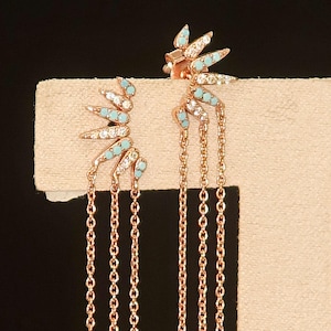 Drop dangle tassel turquoise cz crystal earrings, 2"Pave Signity CZ Rose gold on Sterling Silver Celebrity Eternity earrings,Trendy Modern