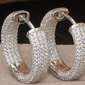 Fine 925 Silver Inside Outside Hoop Earrings |  Round Hoops CZ Crystals | Chunky Zircon Diamond Accents | Wide Circle Sparkly |Party Jewelry