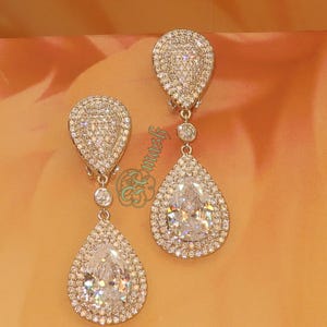 Bridal Statement Silver CZ Clear Crystal Teardrop Chandelier Earrings ,Wedding Accessory Bride Prom Long Cubic Zirconia fake pierced clip on