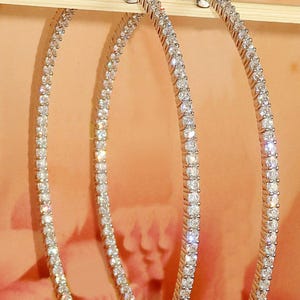 Genuine 925  Silver large drop dangle earrings, Zircon diamond large 7.5 cm inside outside hoops earrings,3 inch circle round 2mm wide hoops