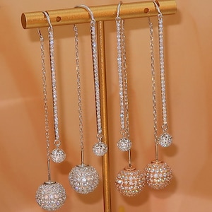925 Sterling Silver Threader Earrings –  CZ Micro Paved, Statement diamond hoops, Art deco long bridal linear asymmetrical 3 inch wedding