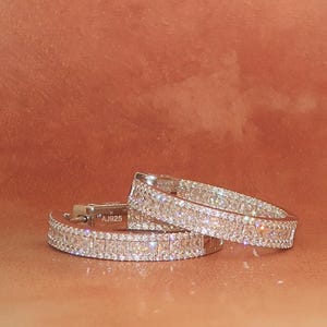 Elegant 925 sterling silver statement hoop earrings- inside-outside CZ and moissanite sparkle White gold plated – perfect for brides or gift