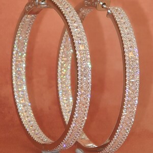 Solid 925 Sterling Silver 5cm Big Hoop Earrings – Inside Outside CZ Moissanite Hoops – Luxury Bridal Earrings – Large Circle square cz Hoops