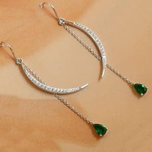 Sparkling bling Long 6cm dangle Emerald cz zircon Crystal Bridal earrings, Wedding jewelry, Statement pear drop gemstone 925 silver earring