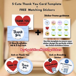 Bewerkbare bedankkaart met GRATIS bijpassende stickers | Verpakkingsbijlage voor kleine bedrijven | Canvassjabloon | Afdrukbare sticker met bedrijfslogo