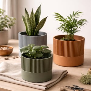 Puede incluir: Tres macetas decorativas con plantas sobre una mesa de madera. Las macetas son grises, verdes y naranjas con detalles acanalados verticales. Las plantas incluyen una sansevieria y una pequeña palmera. Un par de tijeras de podar descansa sobre la mesa.