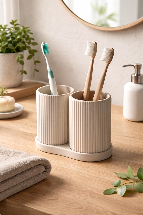 Zahnputzbecher-Set gerippt mit Untersatz | 3D Druck Badezimmer Organizer | Zahnbürstenhalter & Zahnputzbecher Set modern