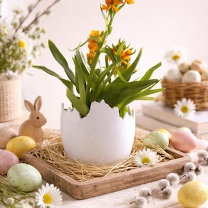 Può includere: Una fioriera bianca a forma di guscio d'uovo piena di piante verdi e fiori arancioni, posta su un vassoio di legno con paglia. Uova di Pasqua pastello e un coniglietto di legno creano un'esposizione primaverile.