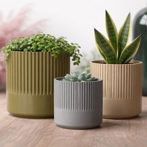 Op de afbeelding: Drie decoratieve plantenbakken in groen, grijs en beige, elk met een geribbeld ontwerp. De plantenbakken bevatten verschillende planten, waaronder een vetplant en een sansevieria. De plantenbakken staan op een houten oppervlak.