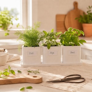 May include: Three white square planters with labels reading "Dill", "Sage", and "Basil" sit on a white tray. The planters hold fresh green herbs. A wooden cutting board and scissors are in the foreground, suggesting a kitchen setting.
