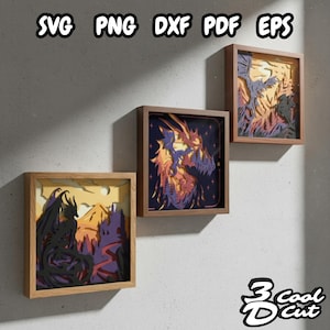 May include: Three framed wall art pieces with layered paper cut designs. Each frame has a wooden border. The art depicts dragons and fantasy landscapes in shades of purple, orange, and black. The top of the image has the text "SVG PNG DXF PDF EPS".