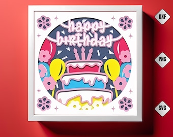 May include: A layered paper art piece in a white frame, featuring a birthday cake with candles, balloons, and the words "happy birthday." The design includes pink, blue, yellow, and white elements, with a dark blue background and floral accents.