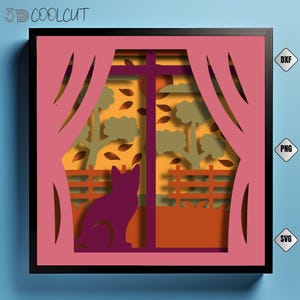 May include: A layered paper art piece featuring a cat looking out a window. The scene includes trees, a fence, and falling leaves, all framed by pink curtains. The artwork is set against a warm, autumnal color palette with the text "3D COOLCUT" in the upper left corner.