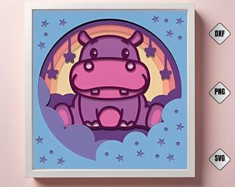 Baby Hippopotamus 3D Shadow Box SVG, Layered Paper Art for Cricut And Silhouette, Baby Nursery Decor, DIY 3D SVG