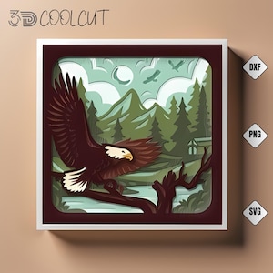 Bald Eagle 3D Shadow Box SVG, Warstwowe wycinanie papieru, Plik Cricut i Silhouette, Patriotyczny wystrój orła, Sztuka wycinania papieru 3D z dzikiej przyrody