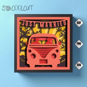 Hochzeitsauto gerade verheiratet 3D Schattenbox SVG, romantischer Papierschnitt für Cricut und Silhouette, DIY Brautgeschenk oder Hochzeitsdekor