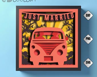 Wedding Car 3D Shadow Box SVG: Just Married Paper Cut Design