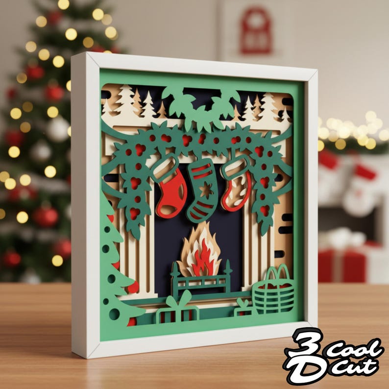 Christmas Fireplace Shadow Box SVG, 3D Layered Papercut With Stockings ...