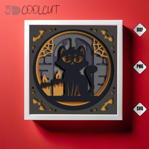 Spooky Cat Shadow Box SVG: Gothic Halloween Decor (9x9 inches, Digital File)