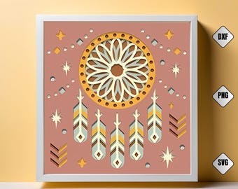 Boho Traumfänger 3D Schattenbox SVG: Mandala Wandkunst