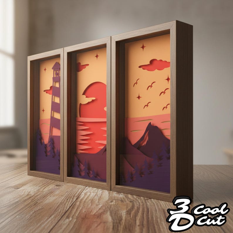 Sunset Lighthouse 3D Shadow Box SVG, Layered Papercraft Coastal ...