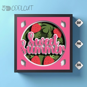 Puede incluir: Una pieza de arte en papel en capas con un marco rosa y un borde negro. El diseño presenta las palabras "Sweet Summer" en una fuente cursiva, rodeadas de fresas y hojas verdes. La esquina superior izquierda tiene el texto "3D COOLCUT".