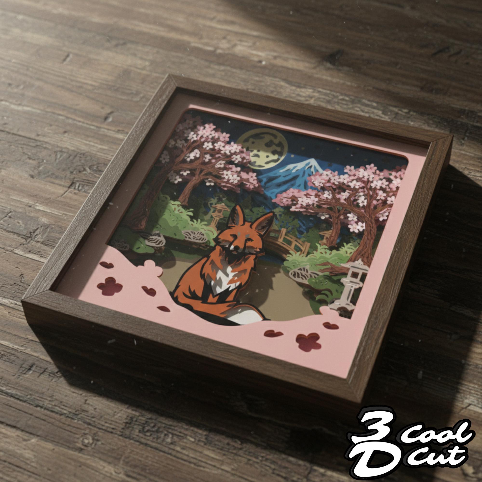 Japanese Fox Garden 3D Shadow Box SVG, Sakura Mountain Landscape ...