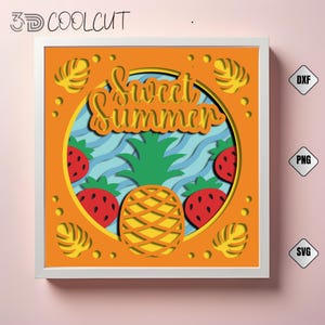 Caja de sombras 3D SVG de piña de verano, corte de papel en capas de frutas tropicales, decoración de verano DIY con Cricut, caja de luz de playa, silueta SVG