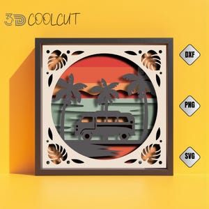 May include: A layered paper art piece featuring a retro beach scene. The design includes a bus, palm trees, and a sunset in shades of orange, red, and green. The frame is dark brown, with the text "3D COOLCUT" at the top.