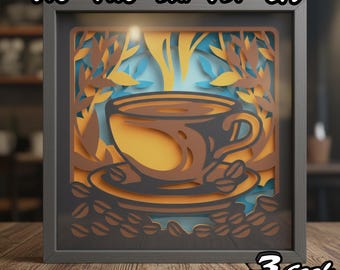 Morning Coffee 3D Shadow Box SVG, Layered Papercut Design, Coffee Cup Wall Art SVG for Cricut and Silhouette, 3D Café Decor DIY Light Box