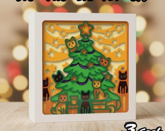 Christmas Cats 3D Shadow Box SVG, Layered Paper Cut, Cat Lover Christmas Light Box Decor, Winter Tree SVG, Cricut and Silhouette DIY 3D svg