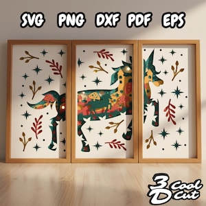 May include: Three framed art prints featuring a unicorn design with a layered, cut-out effect. The unicorn is filled with colorful forest imagery. The prints are in wooden frames, with the words "SVG PNG DXF PDF EPS" at the top and "3 Cool Cut" at the bottom.