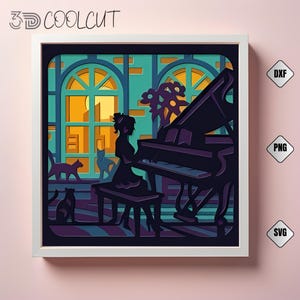 Può includere: Un'opera d'arte in carta a strati raffigurante una donna che suona un pianoforte a coda. L'opera presenta una silhouette della pianista, dei gatti e una finestra con un design ad arco. La tavolozza dei colori include sfumature di viola, verde acqua e giallo, con il testo "3D COOLCUT".