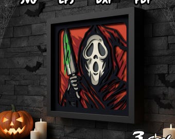 Caja de sombras de película de terror SVG, recorte de papel 3D con capas de máscara de fantasma asesino, caja de luz de Halloween aterradora, caja 3D de Pesadilla antes de Navidad, SVG de personaje de película