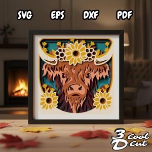 May include: A framed, layered paper art piece featuring a Highland cow with sunflowers. The artwork is in a black frame and has a brown, yellow, and teal color scheme. The image includes the text "SVG EPS DXF PDF" at the top and "3 Cool Cut" at the bottom.