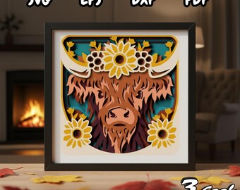 Highland Cow 3D Paper Cut SVG, Sunflower 3D Papercut Shadow Box Template, 3D Farmhouse Wall Art Décor, Rustic Floral Cow Layered Light Box