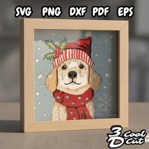 Może przedstawiać: Oprawiona ilustracja szczeniaka golden retrievera w czerwono-białej czapce i szaliku w paski, ozdobiona ostrokrzewem i płatkami śniegu. Obraz zawiera tekst "SVG PNG DXF PDF EPS" i logo "3 Cool Cut".