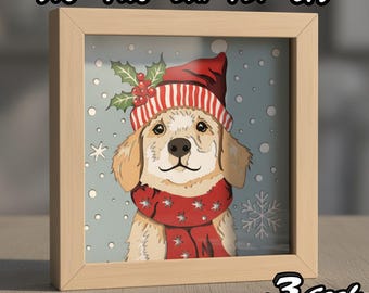 Christmas Golden Retriever Puppy 3D Shadow Box SVG Layered Papercut Pet Art, Festive Dog Decor DIY File for Cricut and Silhouette Crafters