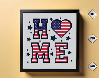 Może przedstawiać: Oprawiona grafika z napisem "HOME" w kolorze czerwonym i niebieskim, z flagą amerykańską wkomponowaną w litery i kształt serca. Ciemnoniebieskie gwiazdy otaczają litery. Tekst "3D COOLCUT" znajduje się w lewym górnym rogu.