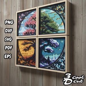 Op de afbeelding: Vier ingelijste papieren kunstwerken die seizoenslandschappen uitbeelden. Elk stuk heeft een gelaagd ontwerp met bomen, luchten en bladeren in tinten roze, groen, geel en blauw. De lijsten zijn van lichtgekleurd hout en het kunstwerk is op een houten muur gemonteerd.