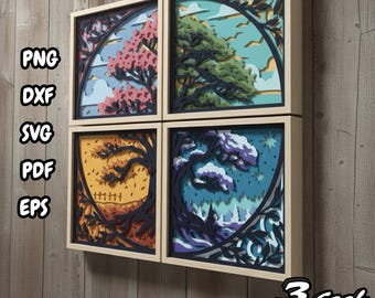 Árbol de las cuatro estaciones (caja de sombras 3D SVG), recorte de papel con paisaje en capas, arte mural de naturaleza estacional para Cricut y Silhouette, decoración de caja de sombras DIY