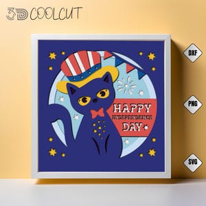 Caja de sombras 3D de gato del 4 de julio SVG, recorte de papel en capas de gatito patriótico para Cricut y Silhouette, archivos SVG de caja de luz del Día de la Independencia para armar